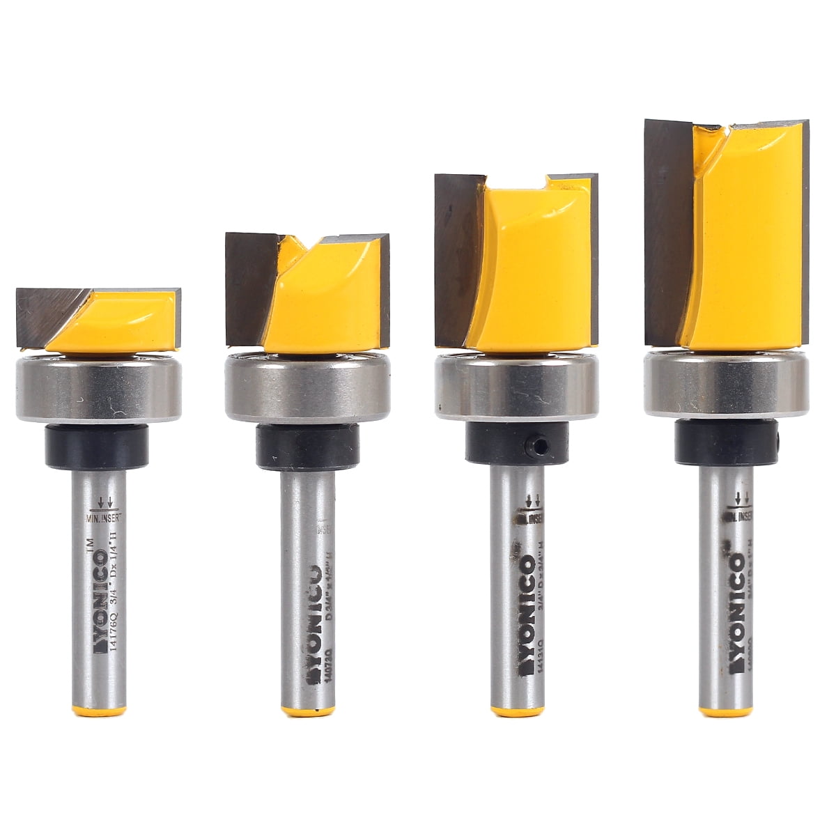 4 Bit 3/4" Diameter Flush Trim Template Router Bit Set - 1/4" Shank - Yonico 14425q