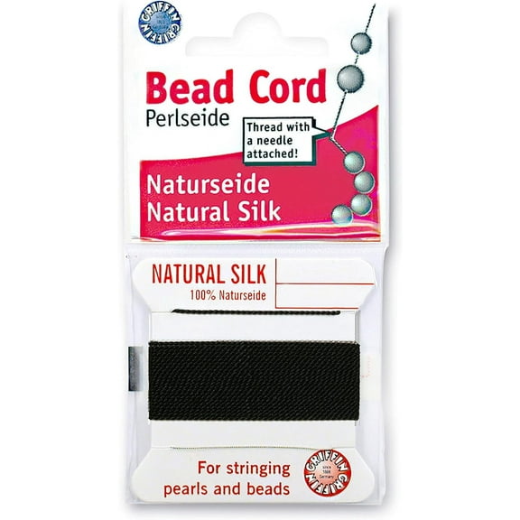 Griffin Silk Bead Cord Perlseide  Black Color  Size 4 (0.60mm)  2 Meters per Card  Stainless Steel Needle Attached  for Knotting Pearls, Gemstones, Crystals and Beads