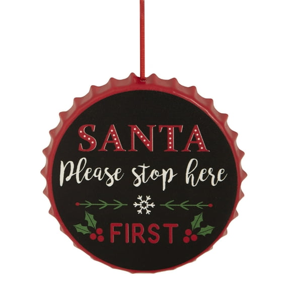 4" Black Iron Cap "Santa Please Stop Here First" Christmas Ornament