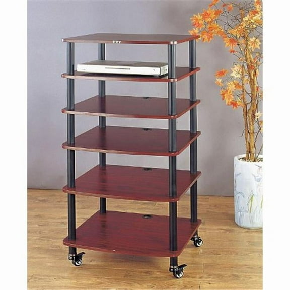 4 Black Poles 6 Cherry Shelves With Caster AV Stand