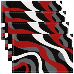 Of 4 Black And Red Placemats Measuring 12X18 Inches, Featuring a Modern Abstract Design That Resists Heat, Suitable for Dining Tables in The Kitchen, with a Geometric for Ripple Striped Pattern