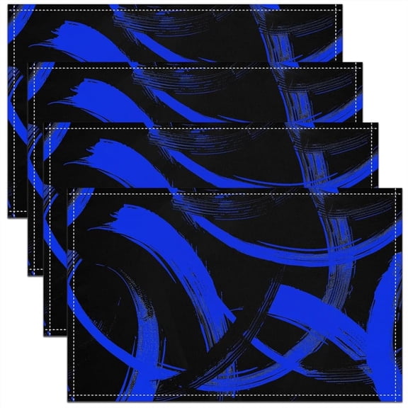 Of 4 Black And Royal Blue Placemats Featuring an Abstract Modern Design with Easy Lines, Perfect for Adding a Geometric Aesthetic to Your Kitchen Or Dining Table. Size: 12X18