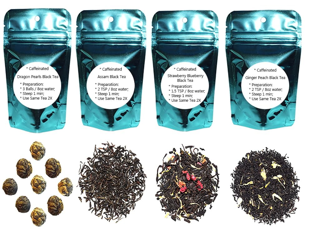 4 Black Tea Samplers, Caffeiated, Assam Black Tea, Peach Black Tea