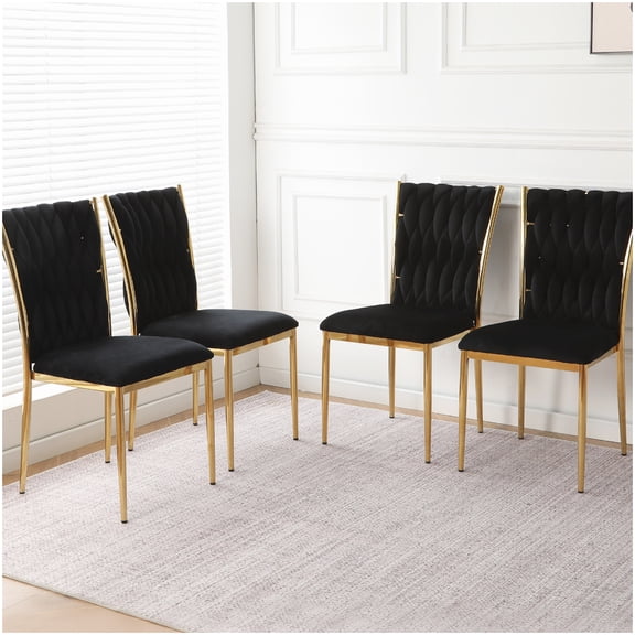 4 Black Velvet Dining Room Chairs Gold Legs, Modern Kitchen Chairs Set, Accent Side Chairs for Home Decor