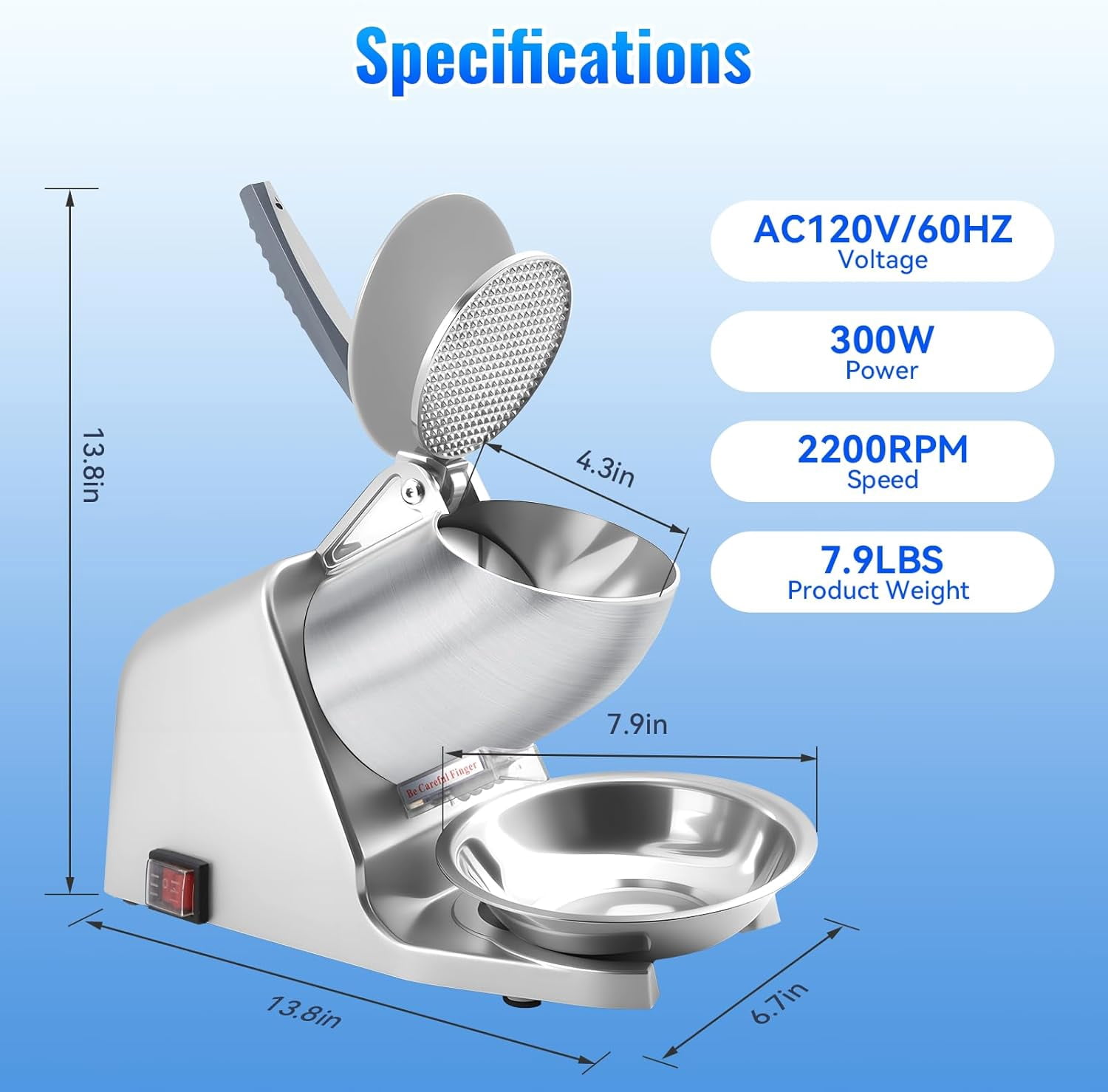 4-Blade Electric Ice Shaver , 226 lbs/h High Capacity with  Blades & Ice Pick, 300W Commercial Grade Shaved Ice Maker for Home  Cafe Silver