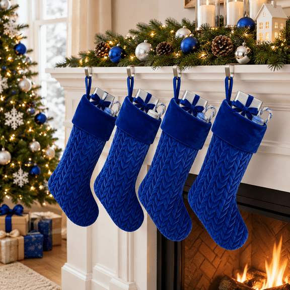 4 Blue Cable Knit Christmas Stockings, 18 Inch Large Holiday Stockings for Home Decor