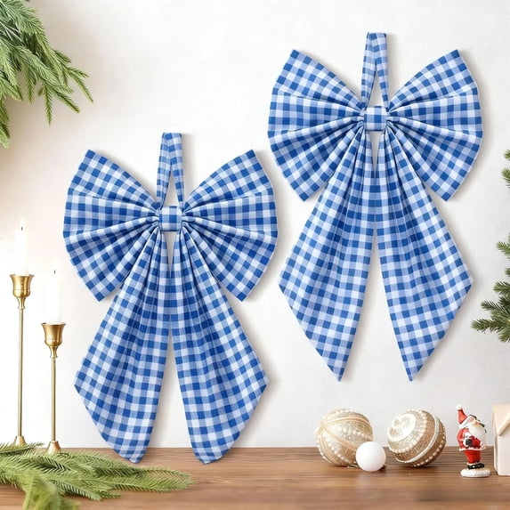 Under 4$! Blue Gingham Christmas Tree Topper Bow, 9.8 x 7.1 Inch Large Plaid Christmas Bow with Hanging Loop, Wreath Bow for Tree Door and Holiday Party Decor