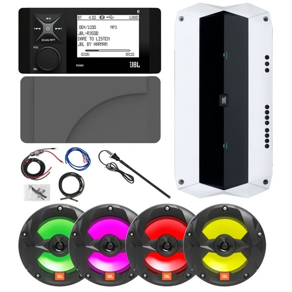 4" Bluetooth Marine AM/FM Digital Media Receiver Bundle with 4x 6.5" 225W Peak MultiColor RGB LED Black Boat Speakers, 4-Channel 1000W Amplifier w/Kit, Cover, Antenna- OEM Replacement
