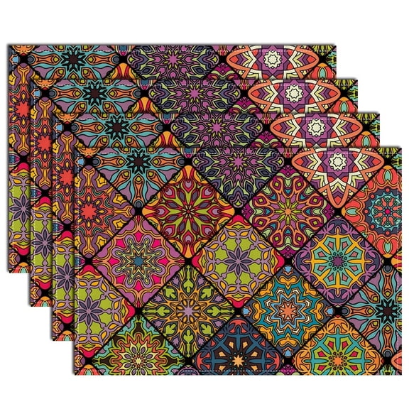 of 4 Bohemian-Style Placemats Featuring Traditional Mexican Designs And Geometric Patterns, Adorned with Bohemian Floral Motifs, Suitable for Dining, Kitchen Use, Or Parties, And They Are Washable