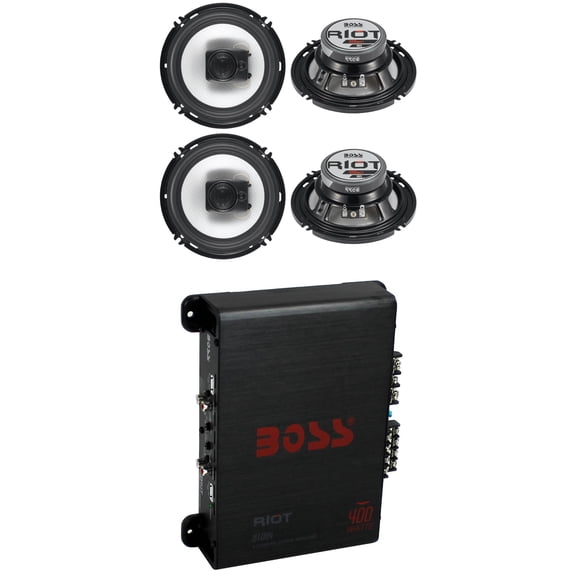 (4) Boss R63 6.5" 300W 3 Way Coaxial Speakers + R1004 400W 4 Channel Amplifier