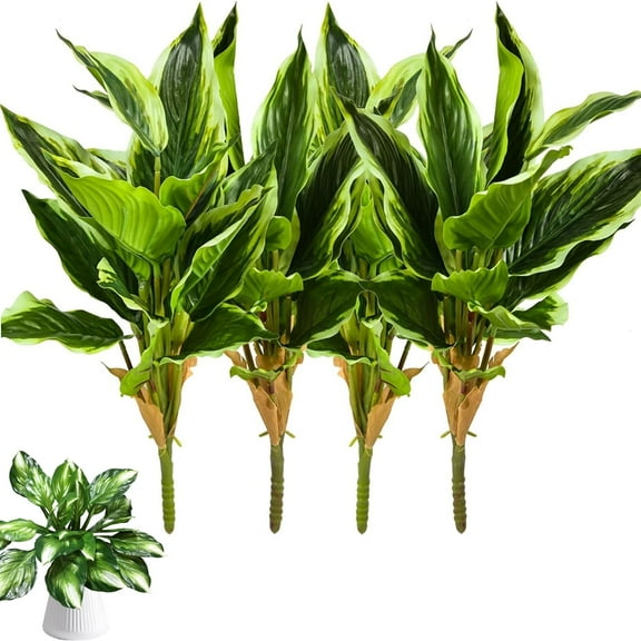 4 Bouquets Artificial Hostas Tutuviw 17in Tall Realistic Fake Dieffenbachia with Leaves Low-Maintenance Outdoor/Indoor Aesthetic Artificial Greenery Faux Green Leaf Stems for Garden Home Office Decor