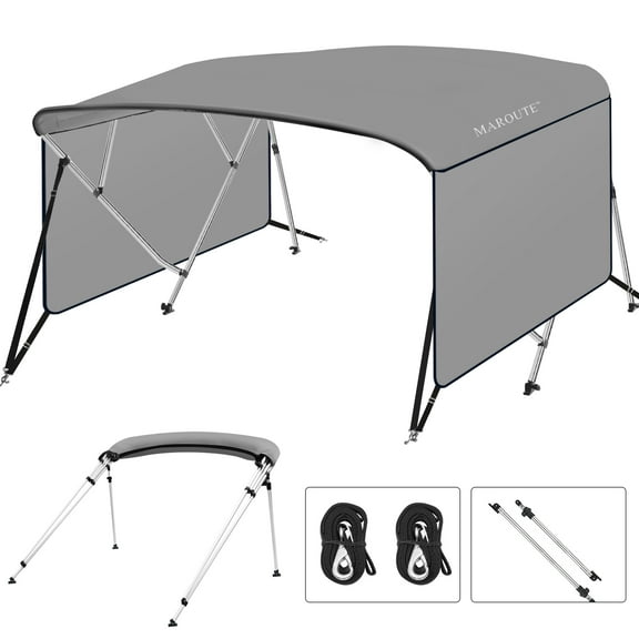 4 Bow Bimini Top for Boats with PU-Coated Canvas, 1" Aluminum Frame, 2 Adjustable Rear Support Poles, 2 Straps, Zippered Storage Boot & Removable Side Curtains, Light Gray, 8'L x 54"H x 67"-72"W
