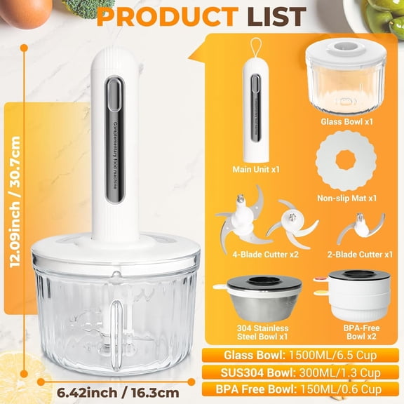 4 Bowls Cordless Food Processor with 800W Copper Motor and 3 Sets Blades for Meat Garlic Vegetable Fruits