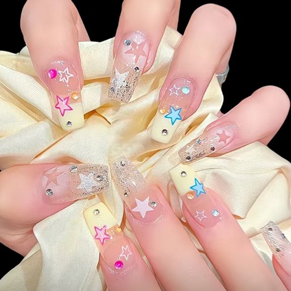 4 Boxes 96 Pcs Y2K Style Star Press on Nails - Removable Sweet Nail Stickers with Rhinestones for Daily & Party Use
