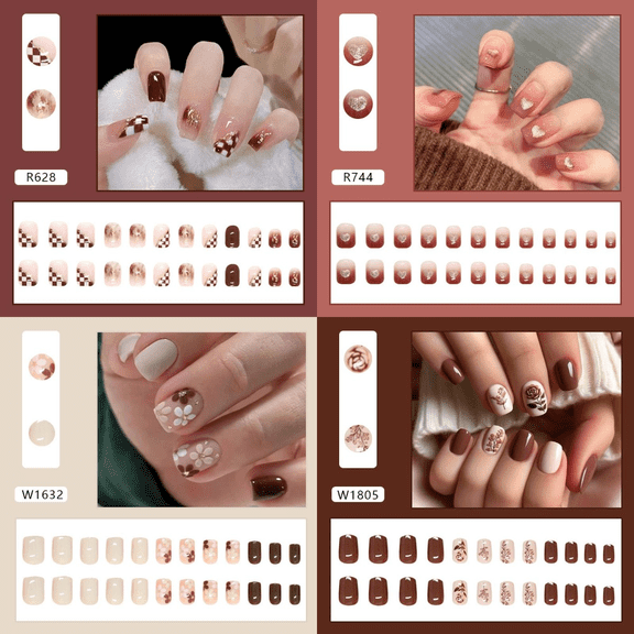 4 Boxes 96Pcs Chocolate Geometric Press On Nails - Oval Brown Glitter Almond Fake Nails for Women, Salon Quality DIY Nail Art Kits with Metallic Checkerboard Designs
