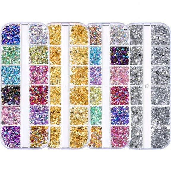 4 Boxes Nail Rhinestones kit Multi-size Gems Metal Nail Rivets Studs