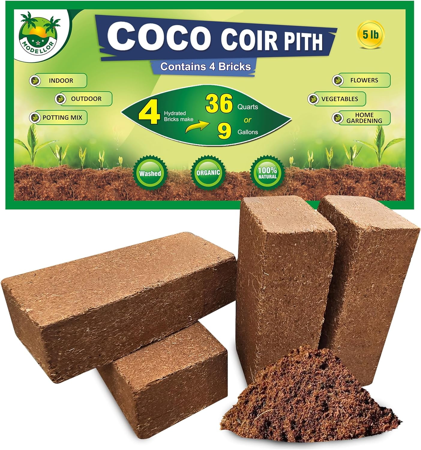 4 Bricks (5 lb) Premium Super Washed Coco Coir, Yields 9 gallons, Seed Starter, Organic, pH Balanced, Gardening, Indoor, Outdoor use.