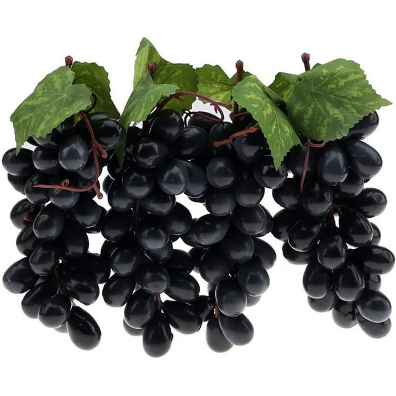 4 Bunches Artificial Grape Lifelike Simulation Fruit Decorative Fake Black Grapes with Vines Kitchen Office Garden Home Prop Cabinet Display (36 kernels)