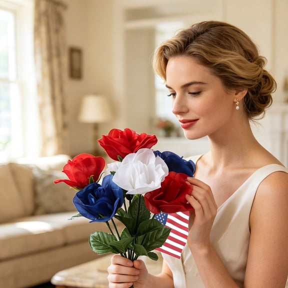 4 Bunches Patriotic Memorial Bouquet Artificial Blooming Flowers, Thank You Veterans Roses with American Flags, Red White Blue for Memorial Day 4th of July Grave Home Decor