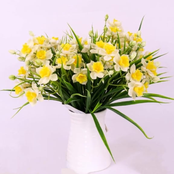 4 Bundle Artificial Spring Daffodil Flowers 14.5 Inch White Yellow