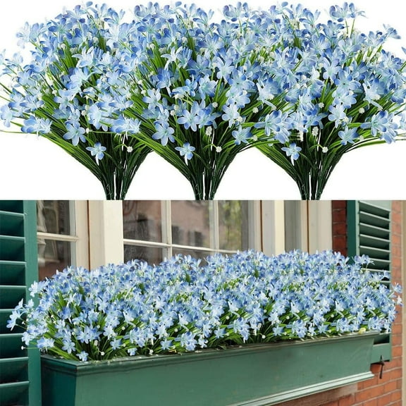 4 Bundles Artificial Daffodil Flowers for Outdoors Fake Flowers Greenery No Fade Faux Plastic Plants for Decoration Outside UV Resistant Home Garden Porch Window Box Decorating(Blue）