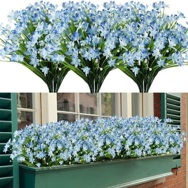 4 Bundles Artificial Daffodil Flowers for Outdoors Fake Flowers Greenery No Fade Faux Plastic Plants for Decoration Outside UV Resistant Home Garden Porch Window Box Decorating(Blue）