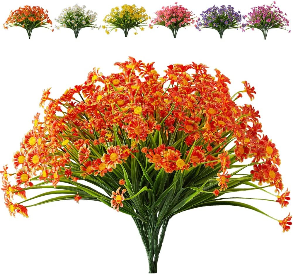 4 Bundles Artificial Daisy Flowers Outdoor UV Resistant Flowers Shrubs