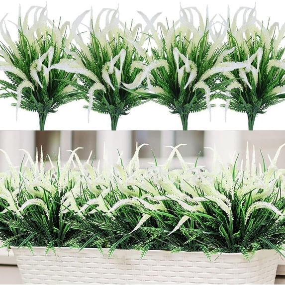 4 Bundles Artificial Flowers Outdoor Plants Faux UV Resistant Lavender Plastic Shrubs Indoor Outside Greenery Bushes Flower (White Setaria)