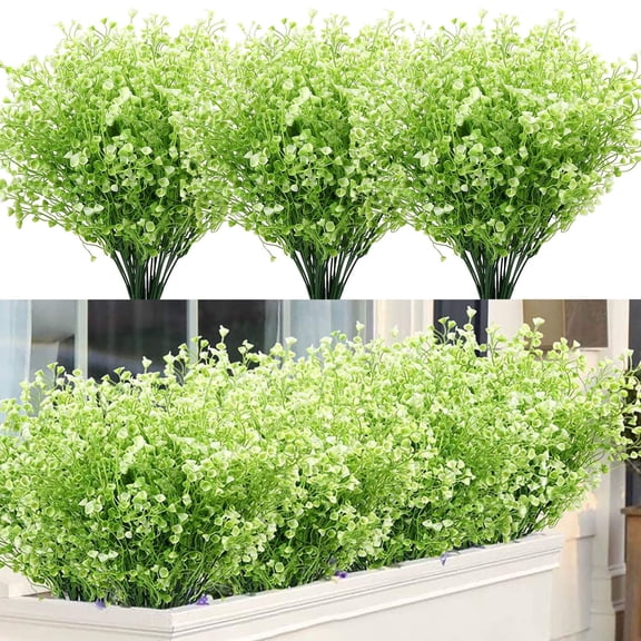 4 Bundles Artificial Shrubs Bushes, Fake Outdoor UV Resistant Plants , Faux Plastic Bell Leaves Greenery for Indoor Outside Hanging Planter Home Office Wedding Farmhouse Decor (White)