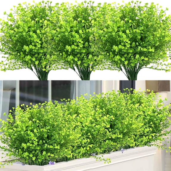 4 Bundles Artificial Shrubs Bushes, Fake Outdoor UV Resistant Plants , Faux Plastic Bell Leaves Greenery for Indoor Outside Hanging Planter Home Office Wedding Farmhouse Decor (Green)