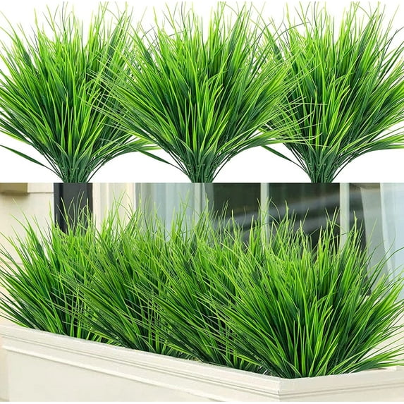 4 Bundles Artificial Wheat Grass Fake Plants Outdoor, UV Resistant Fake Grass Artificial Greenery Stems Plastic Shrubs for Patio Garden Farmhouse Front Porch Home Window Box Decor,Green