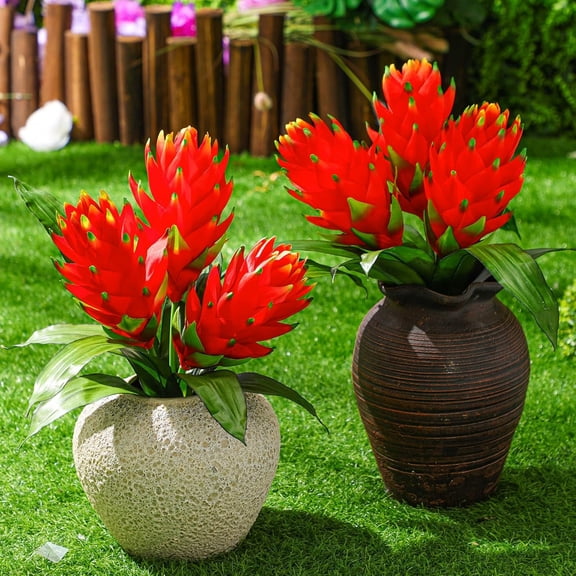 4 Bundles Double Bromeliad Artificial Flower 16 Inch Artificial Tropical Flowers Plants for Outdoor Indoor Nature Decoration