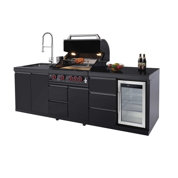 4-Burner 59500 BTU Deluxe Stainless Steel Gas Outdoor Kitchen Bar Barbecue Island Grill +Double-door stainless steel sink with trash bin + Refrigerator with Three-tier drawer