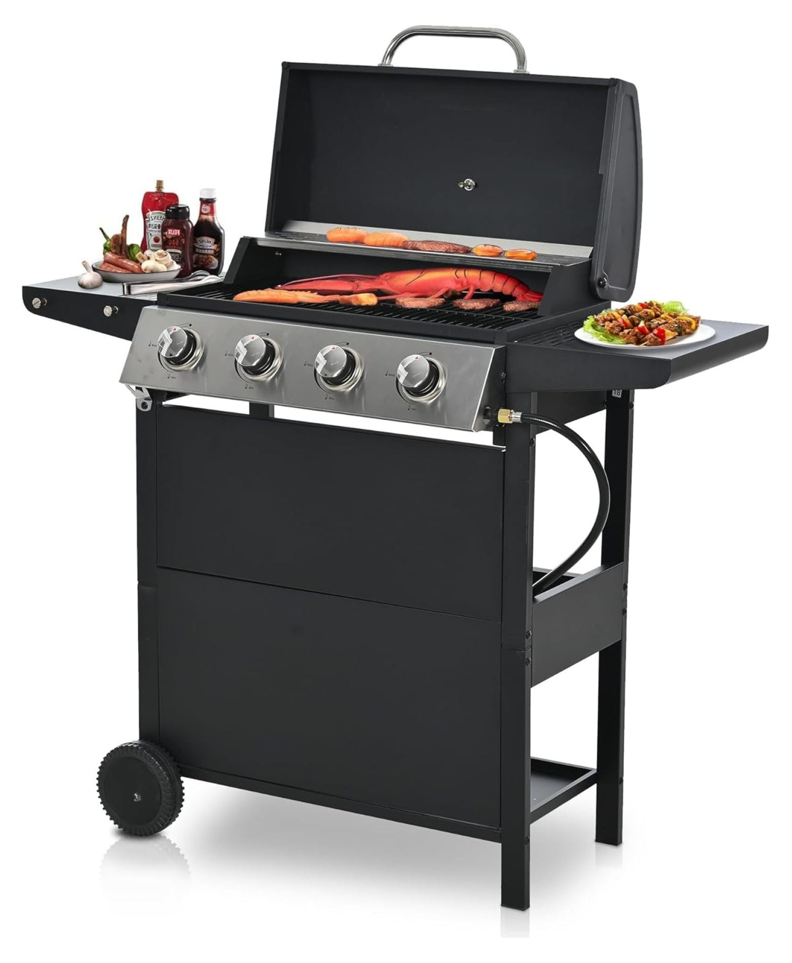 4 Burner BBQ Gas Grill, Propane Grill with Side Shelves and Wheel