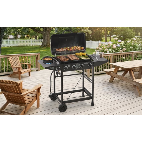 4 Burner BBQ Propane Gas Grill with Side Burner 42000 BTU Output Stainless Steel Barbecue Grill with Enamel-Coated Grates and Side Tables for Outdoor Cooking Kitchen and Patio Backyard.