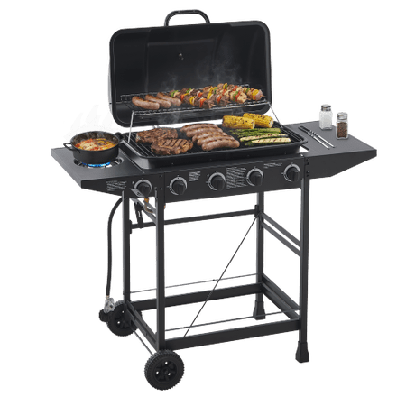 4 Burner BBQ Propane Gas Grill with Side Burner,42000 BTU Stainless Steel with Enamel-Coated Grates,Side Tables for Outdoor Cooking Kitchen and Patio Backyard.