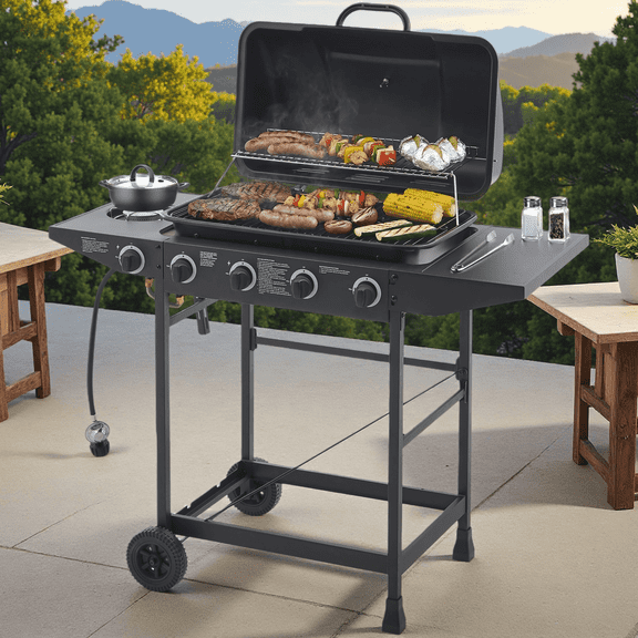 4 Burner BBQ Propane Gas Grill with Side Burner, 42000 BTU Stainless Steel Outdoor Grill, 534 sq in Cooking Area with Enamel Grates & Side Tables, Black