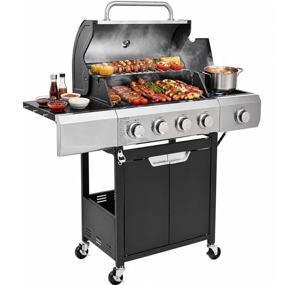 4 Burner BBQ Propane Gas Grill with Side Burner, Stainless Steel Patio Garden Barbecue Grill with Wheels & Bottle Opener for Outdoor Cooking