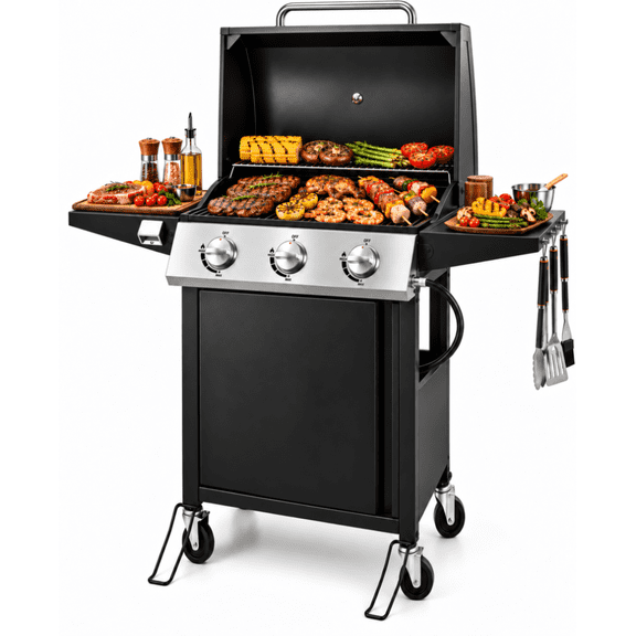 Syngar 3 Burner Bbq Gas Grill with Folding Side Tables, Propane Grill with 30,000 Btu, Stainless Steel, Porcelain Grates & Thermometer, Black