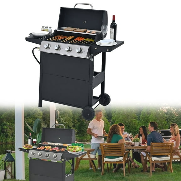 4 Burner BBQ gas grill, Propane Barbecue Grill with Side Shelves, Stainless Steel 34,000 BTU Outdoor Patio Garden Barbecue Grill