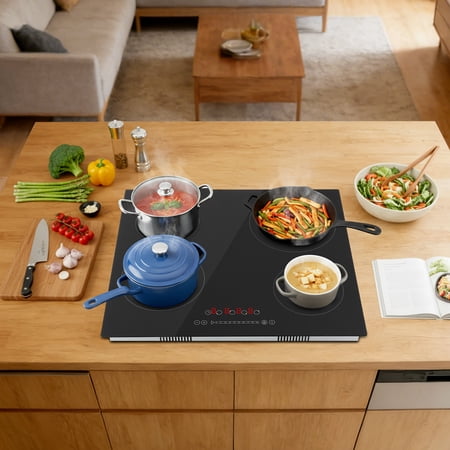 4 Burner Electric Cooktop 3000W Hardwired, 9 Heat Levels 0-99Min Timer Ceramic Glass Stove for All Cookware