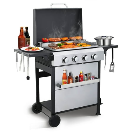 4-Burner Flattop Propane Gas Grill with Foldable Side Table - 49,200 BTU BBQ Grill with Enamel Cooking Grid & Stainless Steel Griddle - Ideal for Backyard & Outdoor Cooking