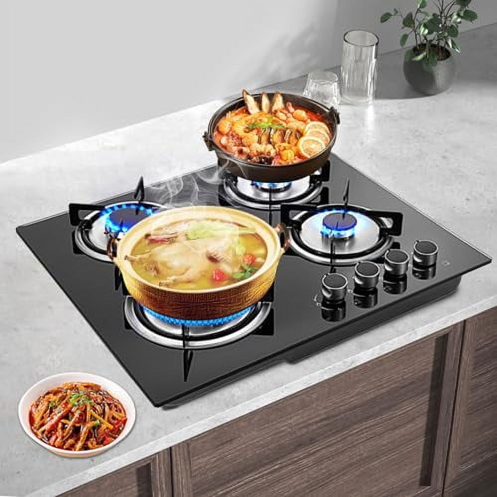 4 Burner Gas Cooktops, 23In Built in Kitchen Stove Top Gas Cooktop, 2800Pa Glass Cooktop, Gas Stoves, Kitchen Frying Equipment for Homes Kitchen/Restaurant Cook