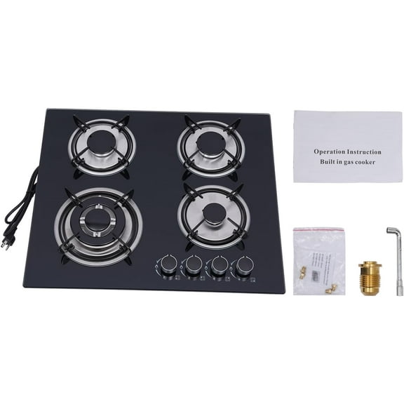 4 Burner Gas Cooktops, 23In Built in Kitchen Stove Top Gas Cooktop, 2800Pa Glass Cooktop, Gas Stoves, Kitchen Frying Equipment for Homes Kitchen/Restaurant Cook