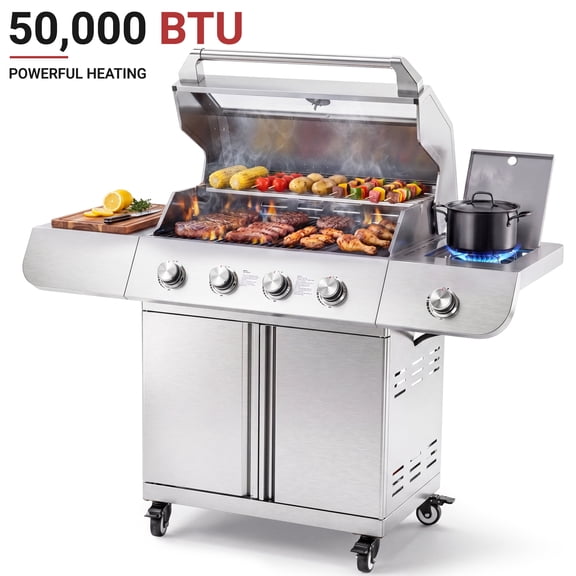 Segmart 4-Burner Propane Gas Grill and Griddle Combo with Side Burner, 50,000 BTU Outdoor BBQ Grill with Viewing Window, Porcelain-Enameled Cast Iron Grates, 627 Sq. In. Cooking Area