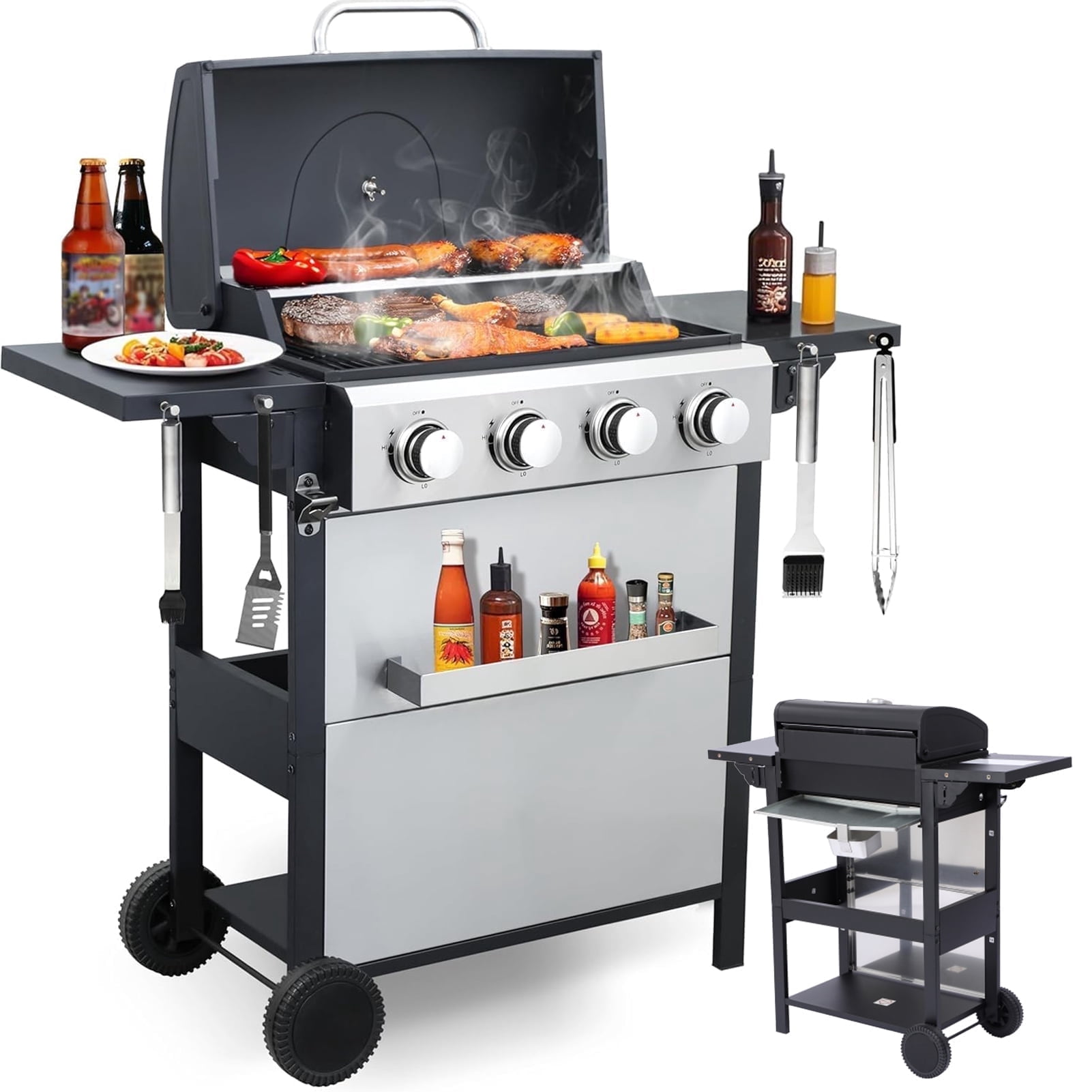 4-Burner Gas Grill, Stainless Steel Propane Grill 2 Foldable Side Tables, 25,650 BTU Outdoor BBQ Grill with Wheels, Built-in Thermometer for Backyard, Garden, Camping
