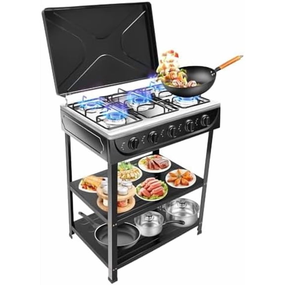 4 Burner Gas Stove,Portable Outdoor Manual Camping Stove, Stainless Steel Propane Gas Cooker with 2 Layers Storage Rack for Home RV Apartment$$Sport & Recreation Other