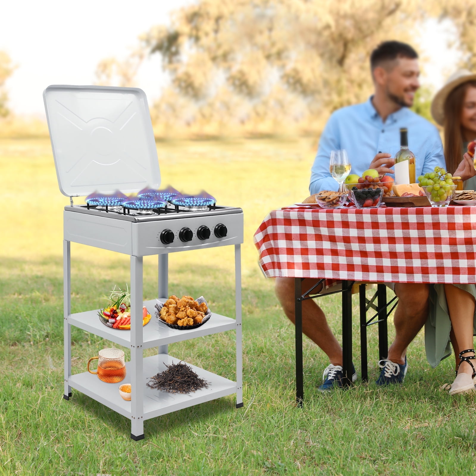 4-Burner Gas Stove with 2-Tier Storage Rack, Manual Ignition, High Efficiency & Durability for Home and Commercial Use