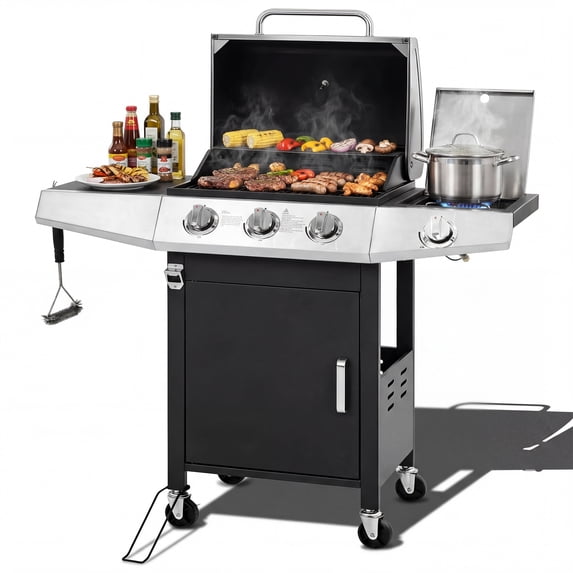 Enyopro 3 Burner Propane Gas Grill, 40,000BTU Stainless Steel BBQ Grill with Side Burner, Brush, Built-in Thermometer, 4 Universal Wheels for Outdoor Cooking Patio Backyard
