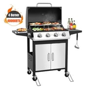 Enyopro 4 Burner Propane Gas Grill, 40,000BTU Stainless Steel BBQ Grill with Brush, Built-in Thermometer, 4 Universal Wheels with Brake for Outdoor Cooking Patio Backyard